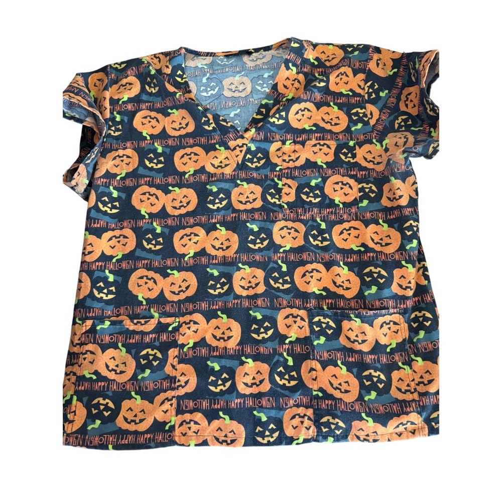 Women's "Happy Halloween" nurses scrub top w/pockets size 2xl | ships next day! - Picture 1 of 4